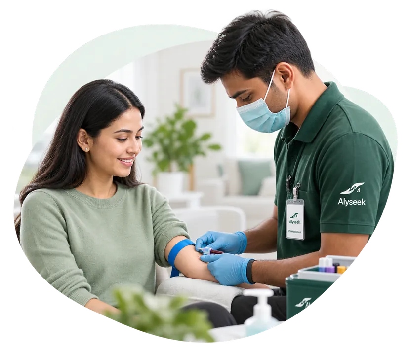 Verified phlebotomist collecting a blood sample at home