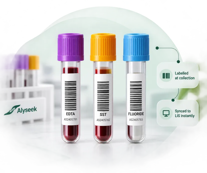 Blood collection tubes labelled with barcodes for laboratory tracking